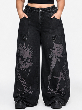Grunge Punk Dark Punk Style Plus Size Denim Jeans Skull Print Wide Leg Straight Streetwear Loose Long Pants