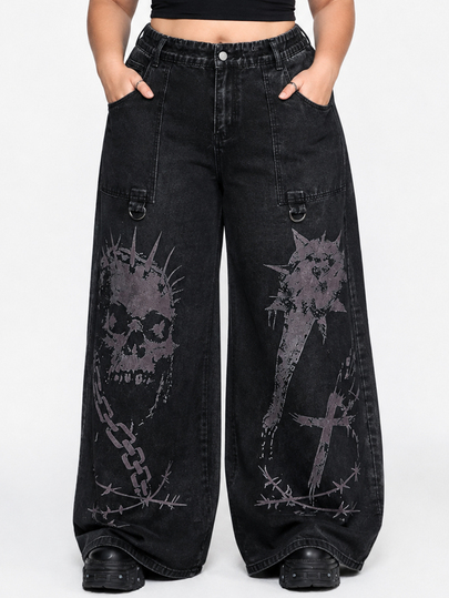 Grunge Punk Dunkler Punk-Stil Große Größen Denim Jeans mit Totenkopf-Muster, weites Bein, gerade geschnitten, Streetwear, lockere lange Hose