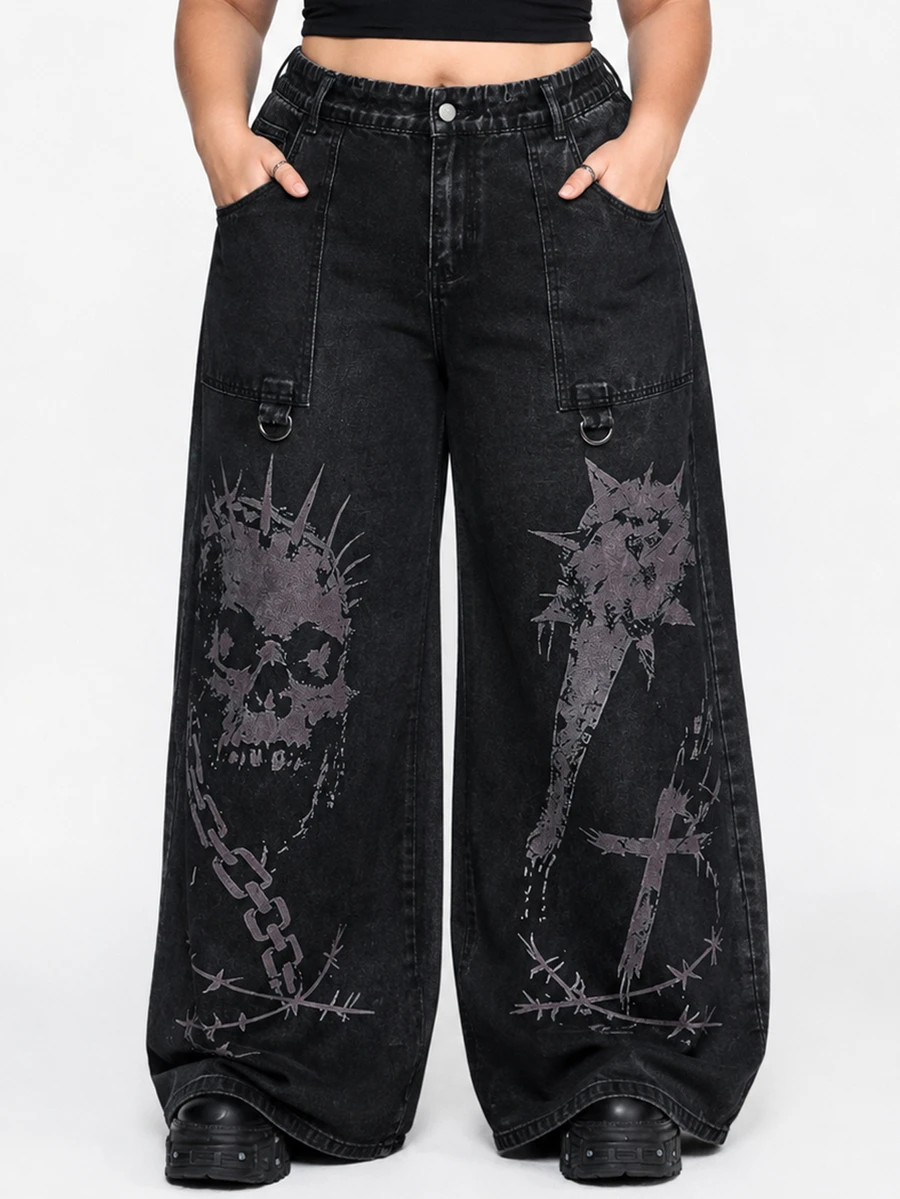 ROMWE Grunge Punk Dark Punk Style Plus Size Denim Jeans Skull Print Wide Leg Straight Streetwear Loose Long Pants Halloween - Black - View 1