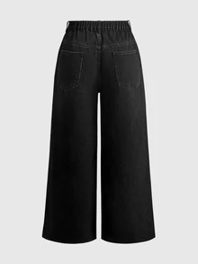 ROMWE Grunge Punk Dark Punk Style Plus Size Denim Jeans Skull Print Wide Leg Straight Streetwear Loose Long Pants Halloween - Black - View 2