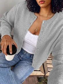 SHEIN BASICS Women's Fashion Back-To-School Single-Breasted Long Sleeve Knit Cardigan Day Time Everyday Teacher Elementary Sage Green Autumn Casual Grey Office - Dark Grey - View 6
