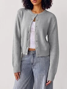 SHEIN BASICS Women's Fashion Back-To-School Single-Breasted Long Sleeve Knit Cardigan Day Time Everyday Teacher Elementary Sage Green Autumn Casual Grey Office - Dark Grey - View 4