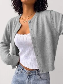 SHEIN BASICS Women's Fashion Back-To-School Single-Breasted Long Sleeve Knit Cardigan Day Time Everyday Teacher Elementary Sage Green Autumn Casual Grey Office - Dark Grey - View 2