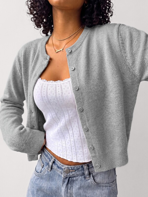 SHEIN BASICS Kadın Moda Okula Dönüş Tek Sıralı Düğmeli Uzun Kollu Örme Hırka Gündüz Günlük Öğretmen İlkokul Adaçayı Yeşili Sonbahar Günlük Gri Ofis