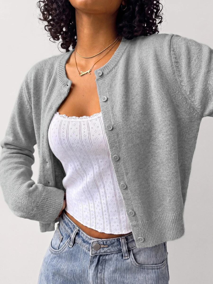 SHEIN BASICS Women's Fashion Back-To-School Single-Breasted Long Sleeve Knit Cardigan Day Time Everyday Teacher Elementary Sage Green Autumn Casual Grey Office