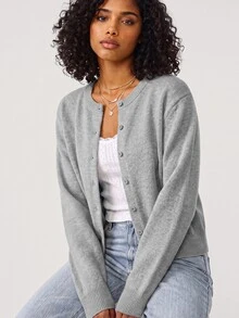 SHEIN BASICS Women's Fashion Back-To-School Single-Breasted Long Sleeve Knit Cardigan Day Time Everyday Teacher Elementary Sage Green Autumn Casual Grey Office - Dark Grey - View 5