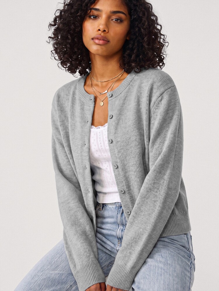 SHEIN BASICS 女款時尚返校單排扣長袖針織開襟衫 日常教師穿著 小學適用 鼠尾草綠 秋季休閒 灰色 辦公室風 - 深灰色 - 查看 4