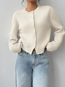 SHEIN BASICS 休閒純色圓領長袖寬鬆短版女款毛衣 秋季外套 日常上班早午餐辦公室穿搭 米白色 教師節 - 米色 - 查看 5