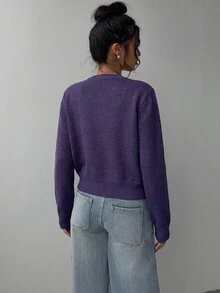 SHEIN BASICS 女款休閒純色圓領長袖寬鬆短版開襟針織外套 秋季外套 深紫色 適合教師、日常、白天、辦公室穿著 - 紫色 - 查看 2