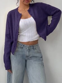 SHEIN BASICS 女款休閒純色圓領長袖寬鬆短版開襟針織外套 秋季外套 深紫色 適合教師、日常、白天、辦公室穿著 - 紫色 - 查看 5