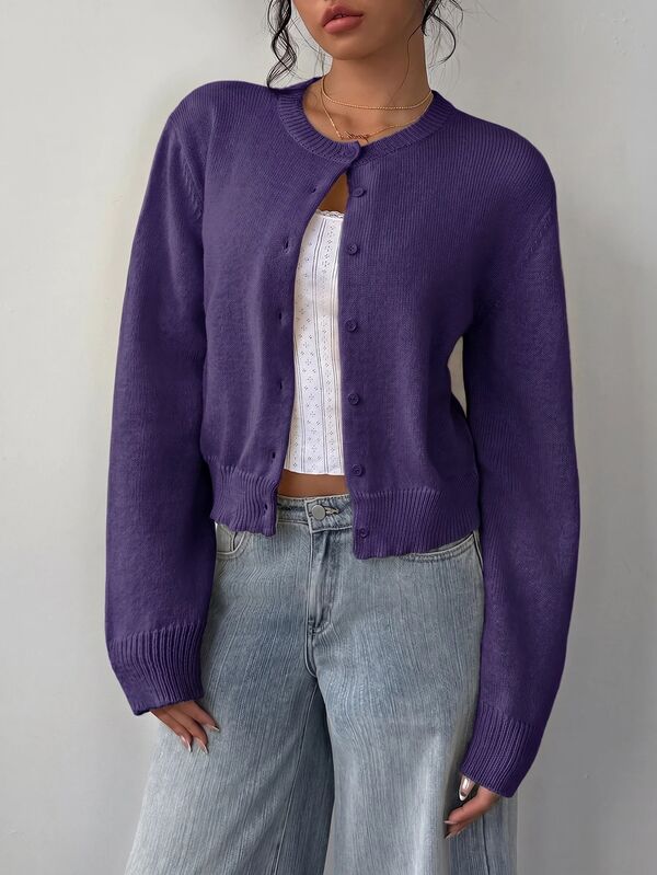 SHEIN BASICS Casual Solid Color Round Neck Long Sleeve Loose Cropped Women Cardigan Sweater Autumn Coat School Teacher Deep Purple Everyday Day Time