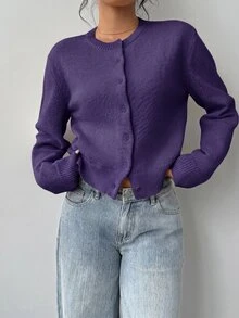 SHEIN BASICS 女款休閒純色圓領長袖寬鬆短版開襟針織外套 秋季外套 深紫色 適合教師、日常、白天、辦公室穿著 - 紫色 - 查看 4