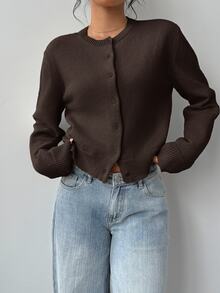 SHEIN BASICS 女款休閒基本款純色圓領長袖寬鬆短版針織開襟外套 秋季日常上學商務辦公深棕色 - 咖啡棕 - 查看 5