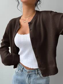 SHEIN BASICS 女款休閒基本款純色圓領長袖寬鬆短版針織開襟外套 秋季日常上學商務辦公深棕色 - 咖啡棕 - 查看 7