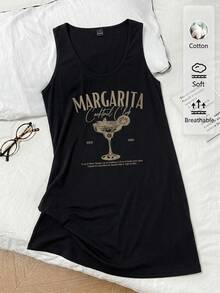 SHEIN LUNE Casual Minimalist Cocktail Glass Print Pattern Tank Dress, Suitable For Summer - Black - View 9