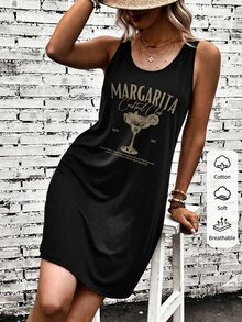 SHEIN LUNE Casual Minimalist Cocktail Glass Print Pattern Tank Dress, Suitable For Summer - Black - View 5