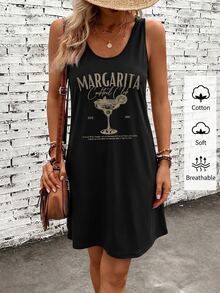 SHEIN LUNE Casual Minimalist Cocktail Glass Print Pattern Tank Dress, Suitable For Summer - Black - View 3