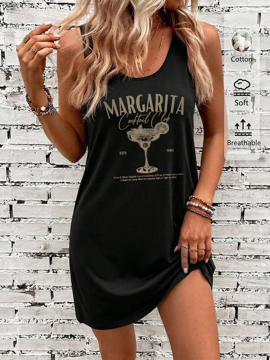 SHEIN LUNE Casual Minimalist Cocktail Glass Print Pattern Tank Dress, Suitable For Summer - Black - View 1