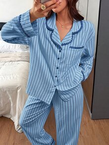 Napfluff 黃色條紋夏季女童長袖長褲休閒寬鬆居家服2件套 - 藍色 - 查看 3