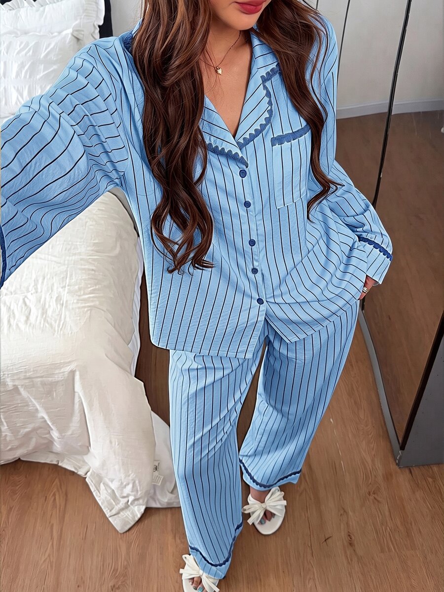 Napfluff 黃色條紋夏季女童長袖長褲休閒寬鬆居家服2件套 - 藍色 - 查看 1