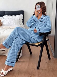 Napfluff 黃色條紋夏季女童長袖長褲休閒寬鬆居家服2件套 - 藍色 - 查看 4
