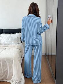 Napfluff 黃色條紋夏季女童長袖長褲休閒寬鬆居家服2件套 - 藍色 - 查看 2