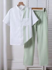 2件組男士青少年休閒紋理布料口袋對比飾邊設計襯衫，適合日常通勤、度假外出，六年級學生，白色夏季款 - 薄荷綠 - 查看 3