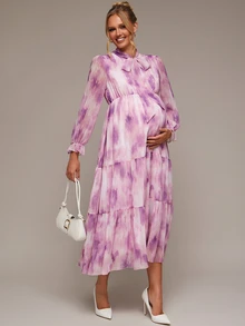 SHEIN Elegant Maternity Tie-Dye Print Commuter Dress - Purple - View 6