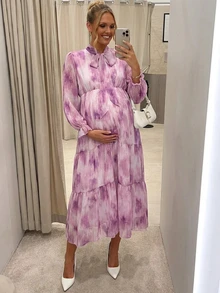 SHEIN Elegant Maternity Tie-Dye Print Commuter Dress - Purple - View 10