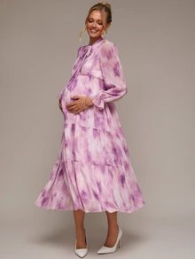 SHEIN Elegant Maternity Tie-Dye Print Commuter Dress - Purple - View 8