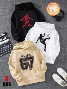 SHEIN 6件組兒童青少年男孩休閒百搭極簡街頭風運動印花運動衫，黑色、白色、卡其色，舒適時尚實用柔軟面料，適合日常穿著、上學、旅行、戶外運動 - 彩色 - 查看 3