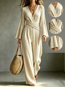 SHEIN جمبسوت نسائي بلون موحد بياقة على شكل حرف V مطوي كاجوال للاستخدام اليومي - لون مشمشي - مشاهدة 1