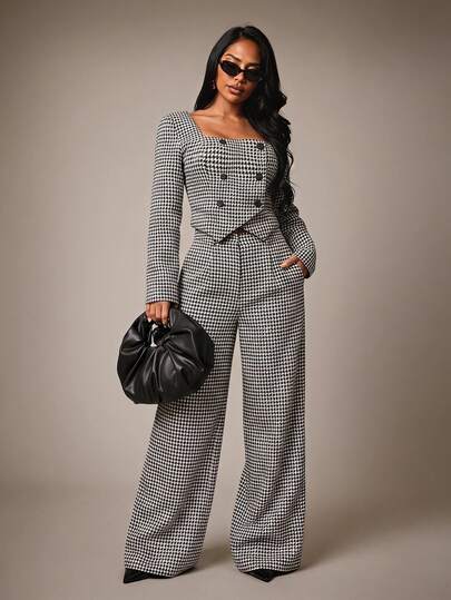 Radiana Women's Autumn/Winter French Vintage Square Neck Houndstooth Slim Fit Blazer Suit Jacket, Double-Breasted Long Sleeve Blazer, Retro Houndstooth Blazer, All-Match Versatile Blazer, Oversized Square Neck Blazer, Casual, Office, Commute, Date, Party, Formal Occasion, Business Women's Wear