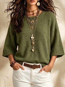 SHEIN 休閒寬鬆圓領 3/4 袖針織基本款蝙蝠袖設計灰色女款春秋針織上衣 - 軍綠色 - 查看 4