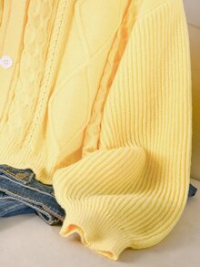 CosyJoli Plus Size Elegant French Casual Premium Textured Cable Knit Yellow Cardigan Sweater Winter - Pale Yellow - View 7