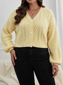 CosyJoli Plus Size Elegant French Casual Premium Textured Cable Knit Yellow Cardigan Sweater Winter - Pale Yellow - View 5