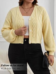 CosyJoli Plus Size Elegant French Casual Premium Textured Cable Knit Yellow Cardigan Sweater Winter - Pale Yellow - View 3