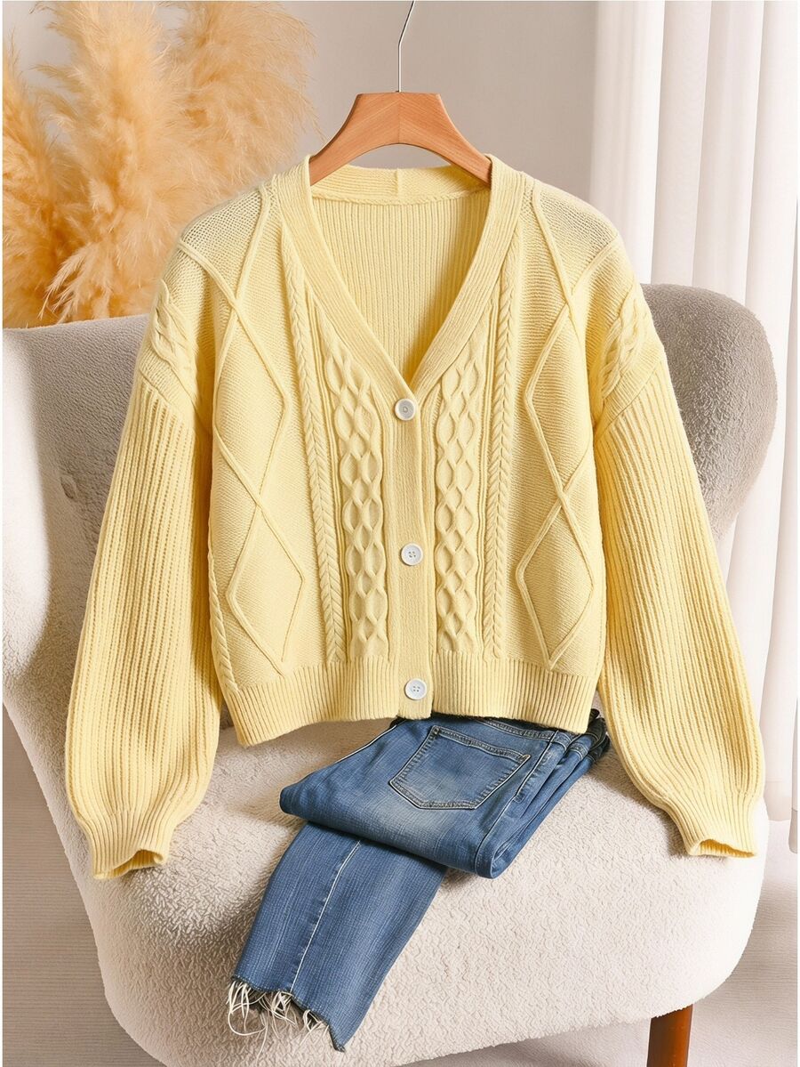 CosyJoli Plus Size Elegant French Casual Premium Textured Cable Knit Yellow Cardigan Sweater Winter