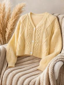 CosyJoli Plus Size Elegant French Casual Premium Textured Cable Knit Yellow Cardigan Sweater Winter - Pale Yellow - View 6