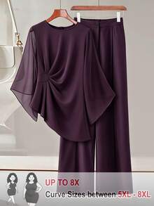 SHEIN CURVE+ 大尺碼秋冬優雅通勤風紫色圓領抓皺腰雪紡長袖不對稱下擺直筒褲兩件套 - 乾枯玫瑰色 - 查看 1