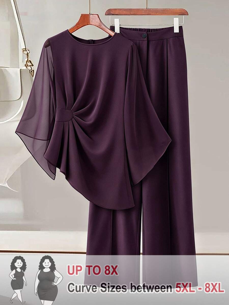 SHEIN CURVE+ 大尺碼秋冬優雅通勤風紫色圓領抓皺腰雪紡長袖不對稱下擺直筒褲兩件套 - 乾枯玫瑰色 - 查看 1