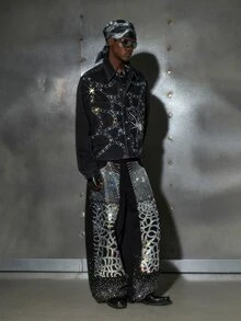 GETOML Men's Fashion Long Sleeve Rhinestone Studded Spider Web Denim Shirt - Black - View 3