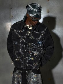 GETOML Men's Fashion Long Sleeve Rhinestone Studded Spider Web Denim Shirt - Black - View 2