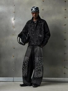 GETOML Men's Fashion Long Sleeve Rhinestone Studded Spider Web Denim Shirt - Black - View 6