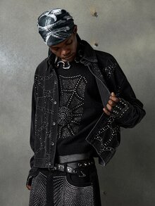 GETOML Men's Fashion Long Sleeve Rhinestone Studded Spider Web Denim Shirt - Black - View 4