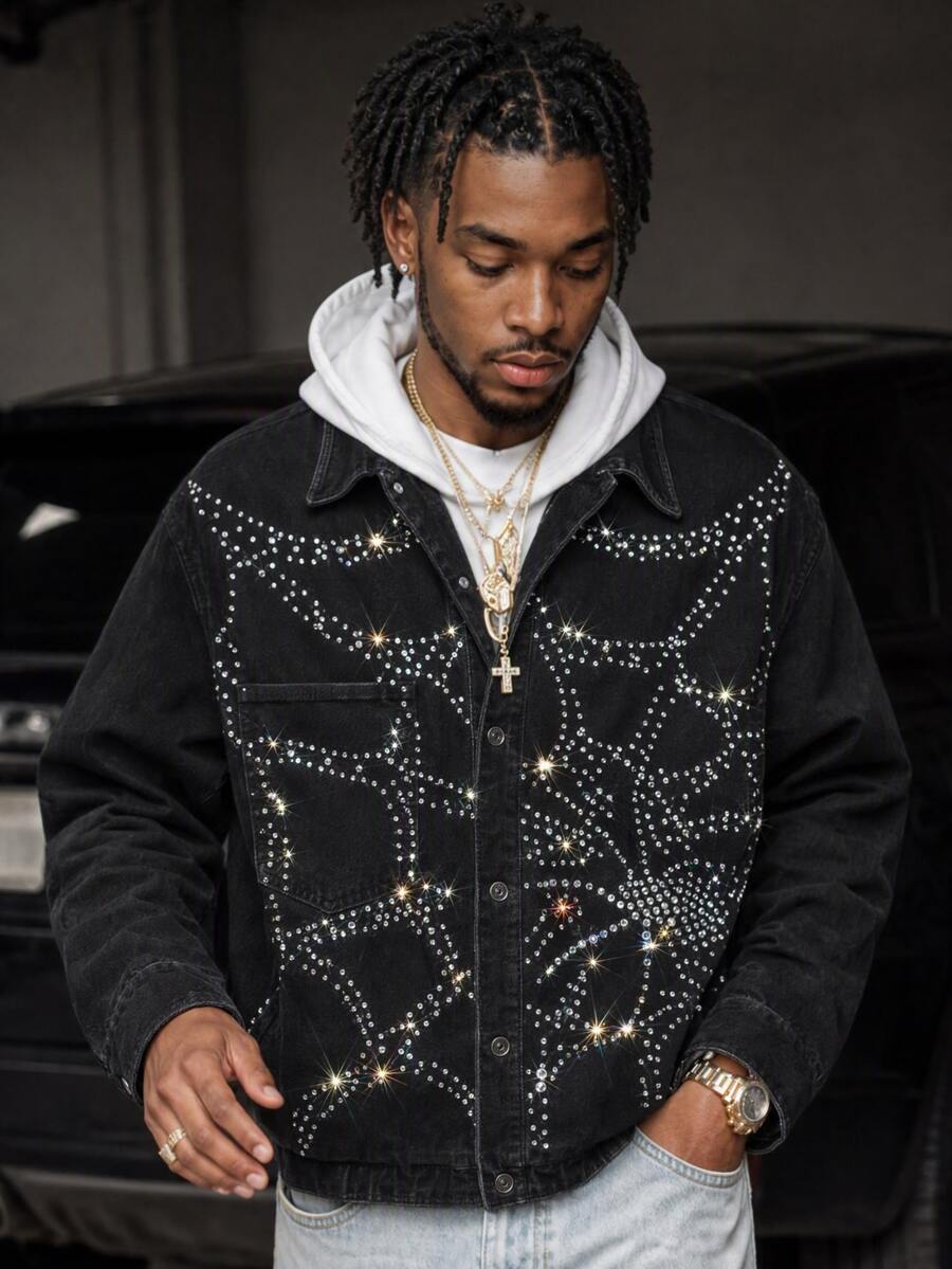 GETOML Men's Fashion Long Sleeve Rhinestone Studded Spider Web Denim Shirt - Black - View 1
