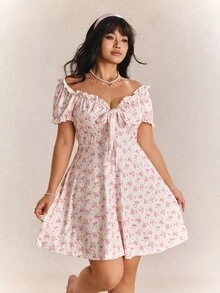 CovetEZ Spring/Summer New Romantic Cute Kawaii Floral Puff Sleeve Off-Shoulder Convertible Waist Slimming Casual Vacation Plus Size Dress Vacation Party Pink - Pink - View 3