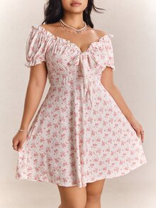 CovetEZ Spring/Summer New Romantic Cute Kawaii Floral Puff Sleeve Off-Shoulder Convertible Waist Slimming Casual Vacation Plus Size Dress Vacation Party Pink - Pink - View 1