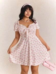 CovetEZ Spring/Summer New Romantic Cute Kawaii Floral Puff Sleeve Off-Shoulder Convertible Waist Slimming Casual Vacation Plus Size Dress Vacation Party Pink - Pink - View 7