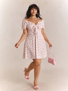 CovetEZ Spring/Summer New Romantic Cute Kawaii Floral Puff Sleeve Off-Shoulder Convertible Waist Slimming Casual Vacation Plus Size Dress Vacation Party Pink - Pink - View 6